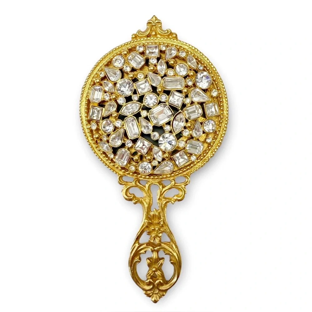 Kirks Folly Clear Rhinestone Crystal Jeweled Golden Small Vanity Hand Mirror